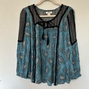 Boho Style & Co. Paisley Print Peasant Blouse with Black Trim, Southwestern
